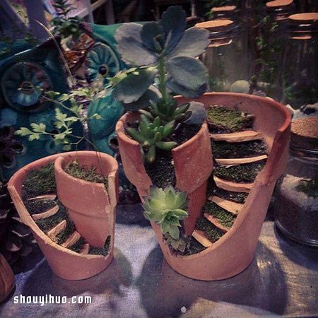 打破的花盆变废为宝 DIY童话般美丽的盆景 打破的花盆变废为宝 DIY童话般美丽的盆景